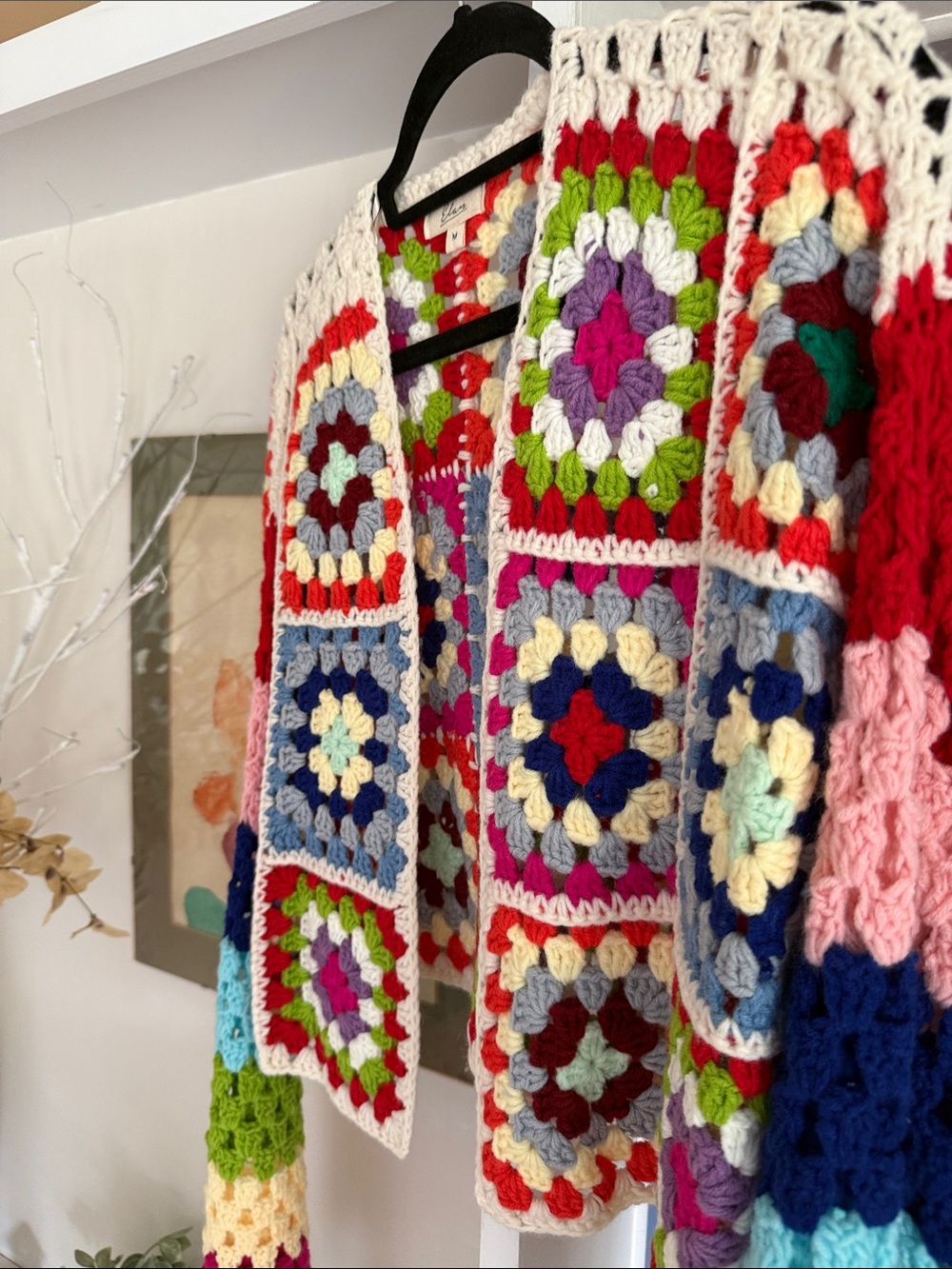 Elan Multicolor Crochet Open Cardigan - Red, Cream, Green, Purple, Blue